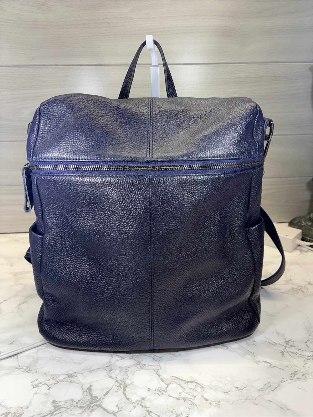 Classic Navy Leather Backpack - Minimal Everyday Carry